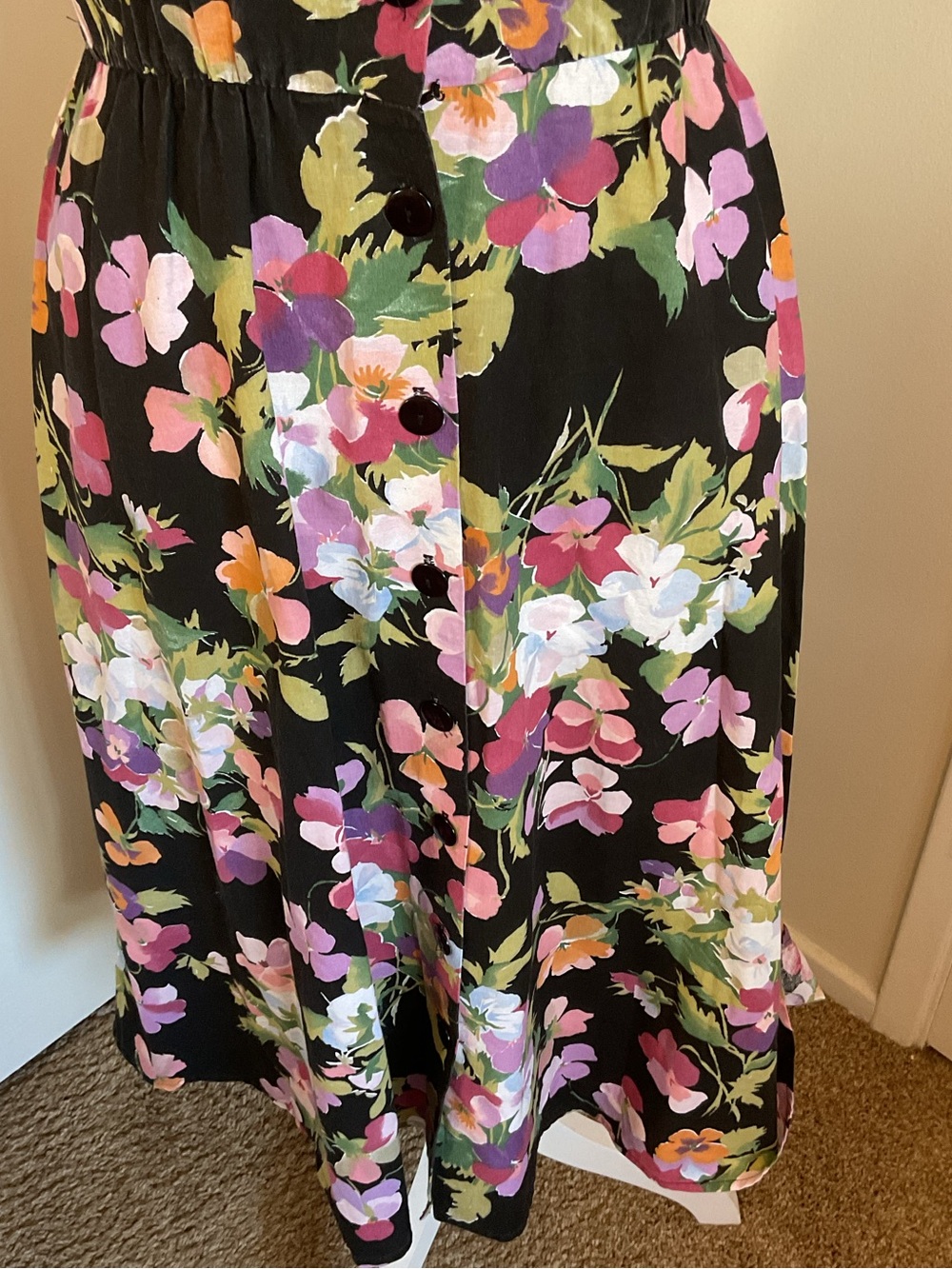 Vintage Avon Fashion Floral Midi Dress 7/8 Black Cotton Fit and Flare 90s - Picture 4 of 11